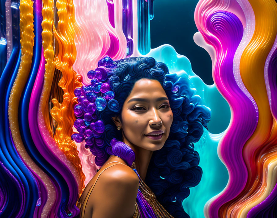 Blue-haired woman surrounded by vibrant abstract shapes in vivid colors