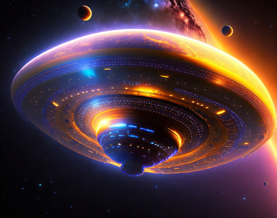 Vibrant sci-fi image: Massive illuminated spaceship in space