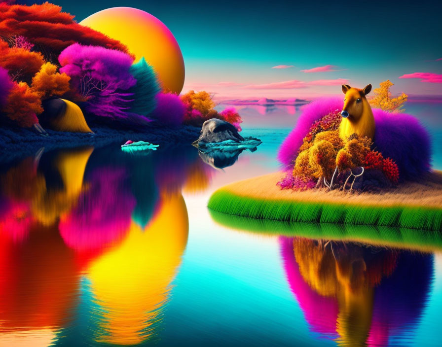 Colorful surreal landscape with reflective lake, fantastical trees, sun, kangaroo