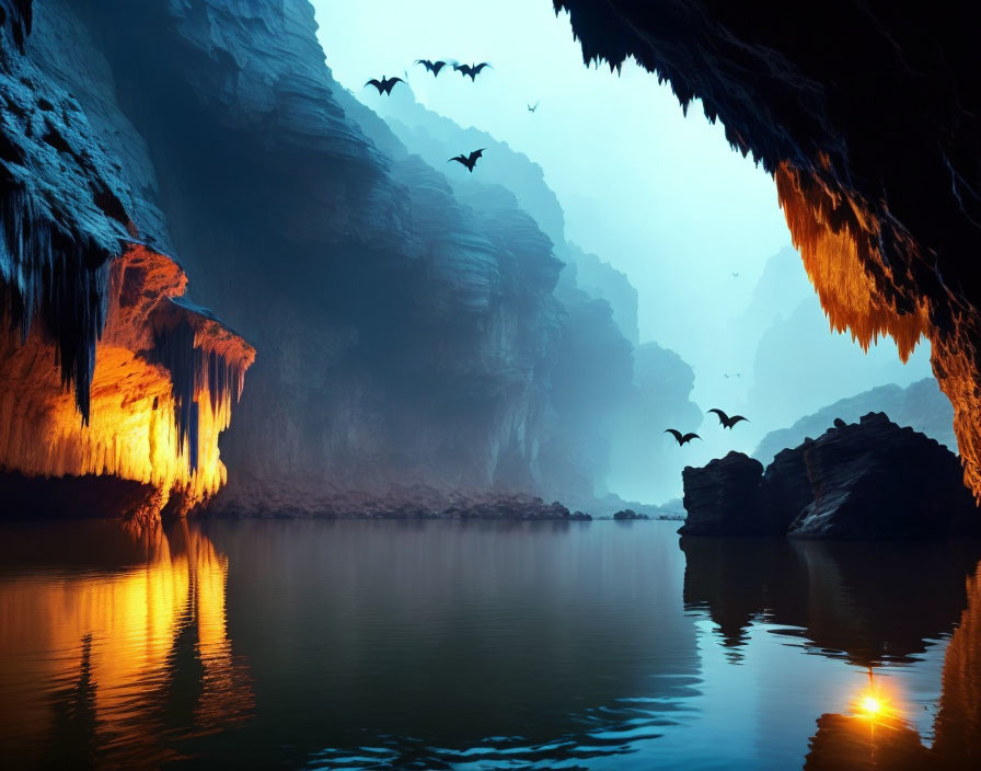 Tranquil cavern with reflective water, golden light, birds, rocks, and stalactites