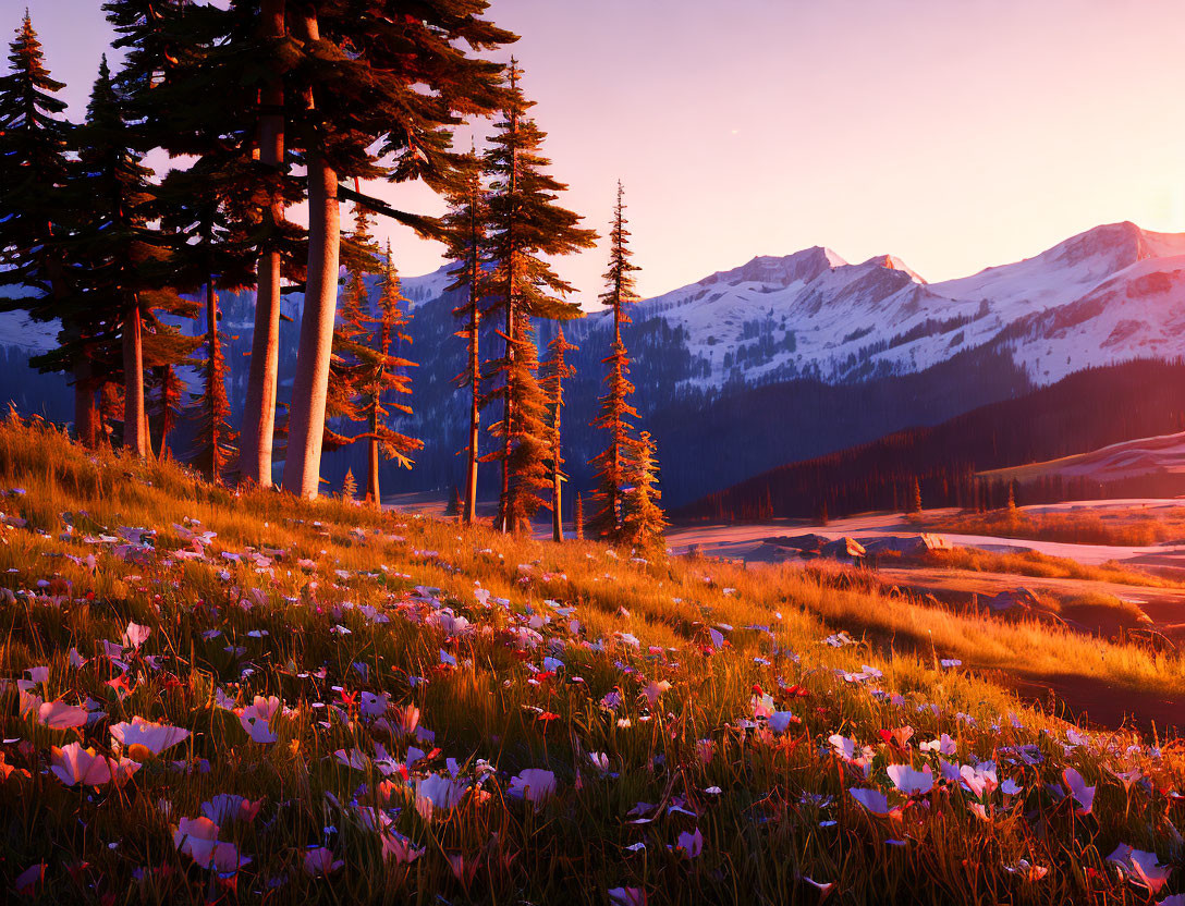 Scenic mountain landscape at sunset with wildflowers and snow-capped peaks