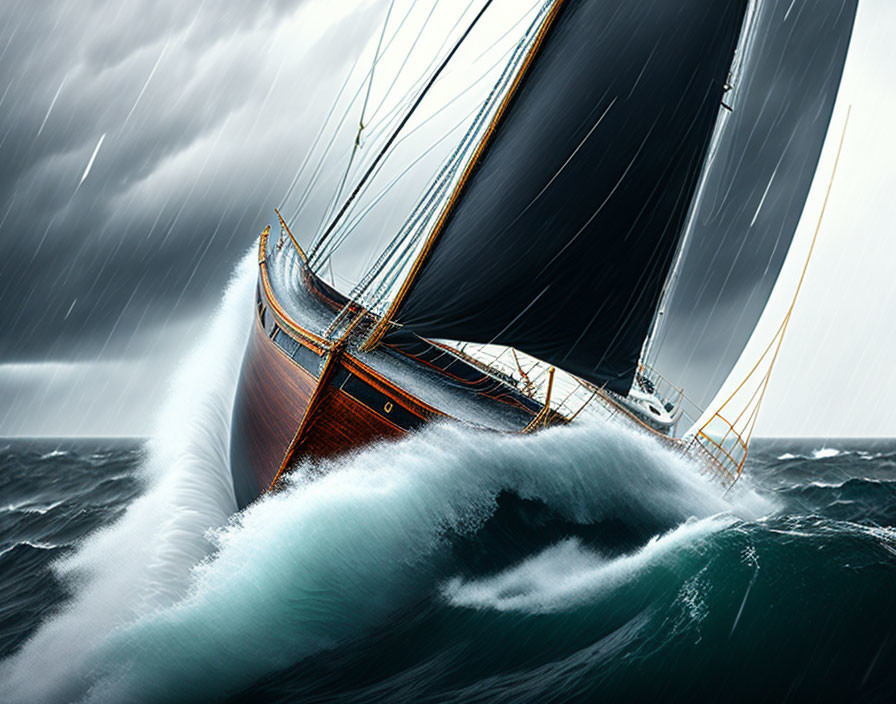 Sailboat navigating stormy seas with dark clouds and crashing waves