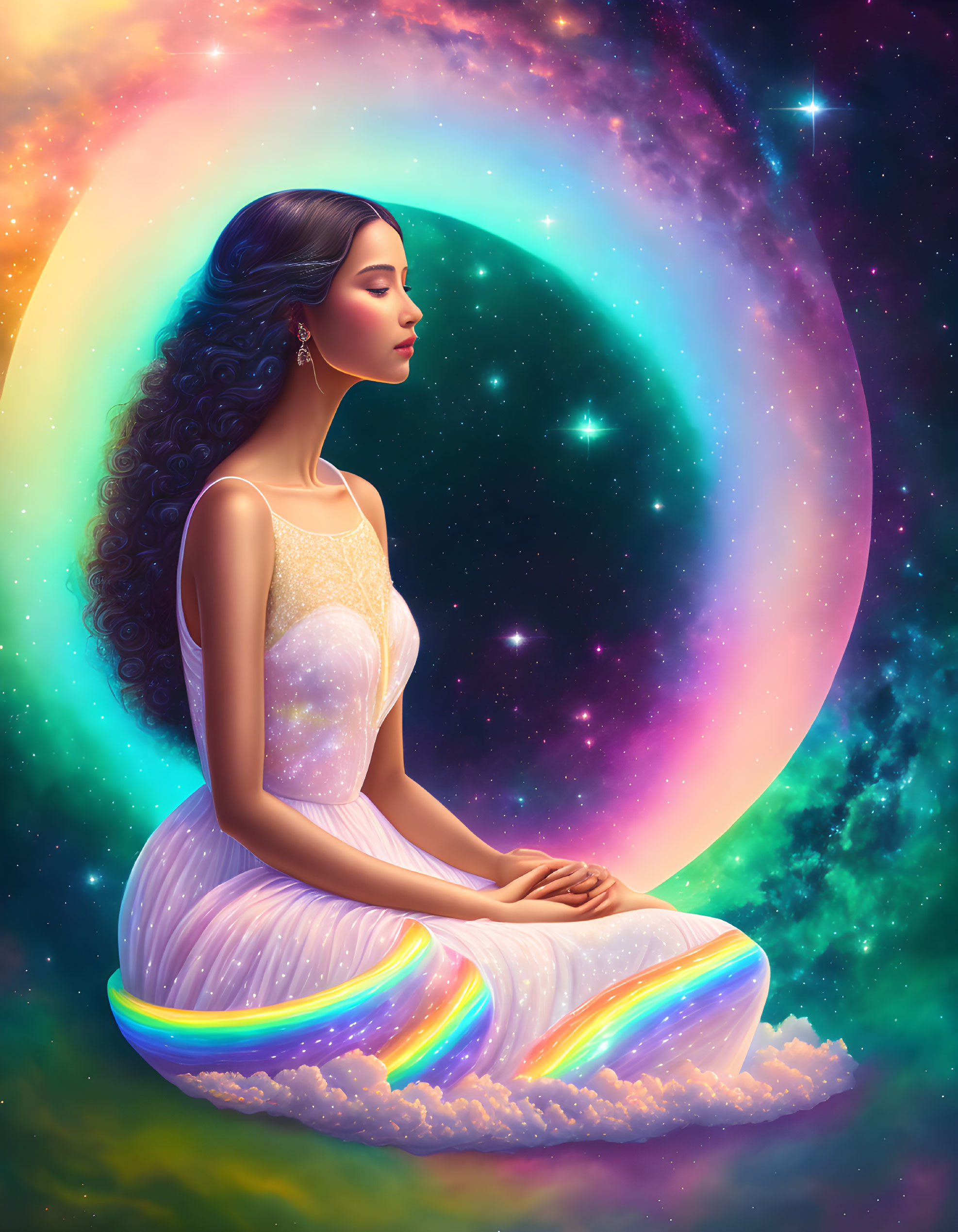 Serene woman meditating in vibrant cosmic scene