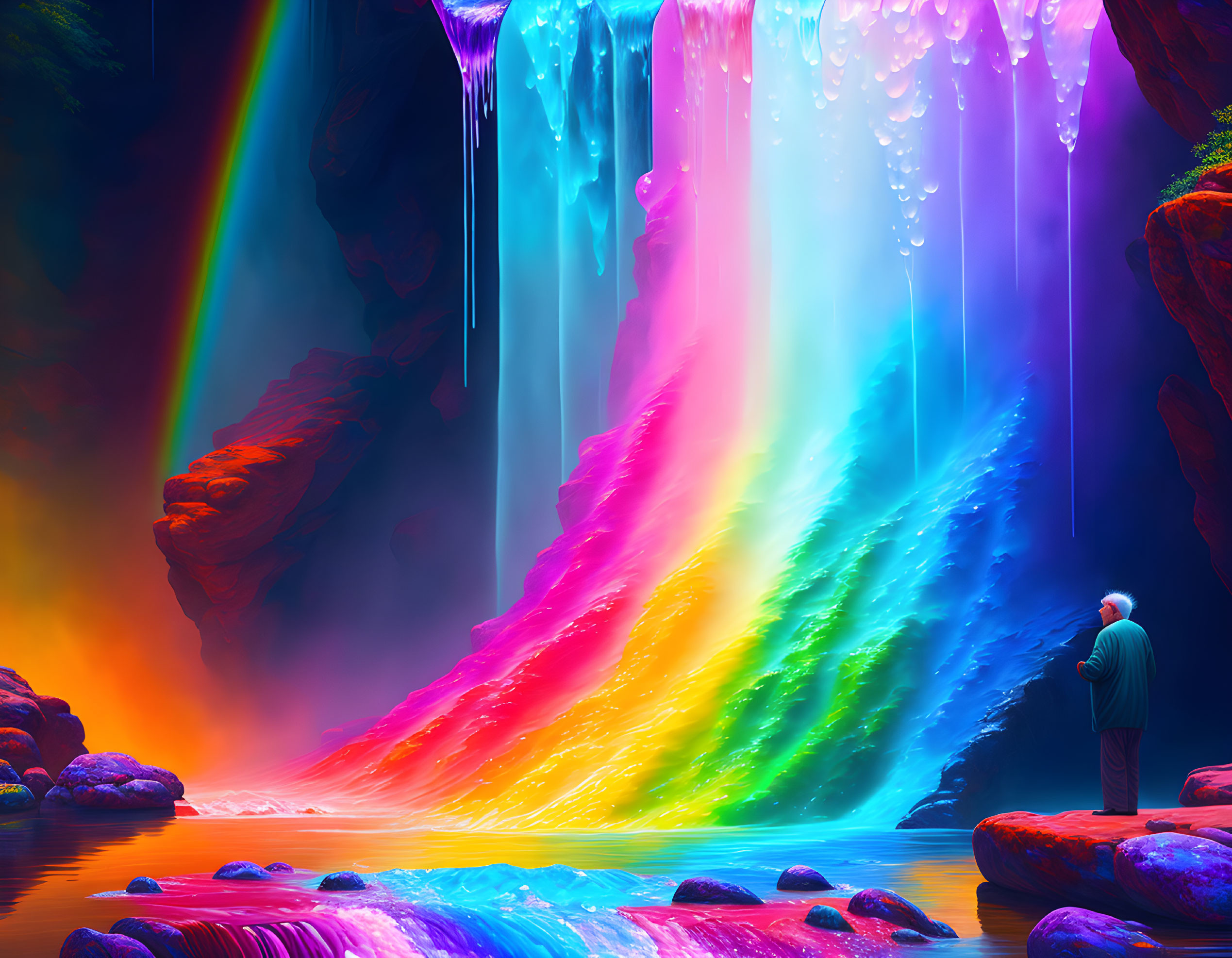 Person admires rainbow waterfall in neon-lit cavern