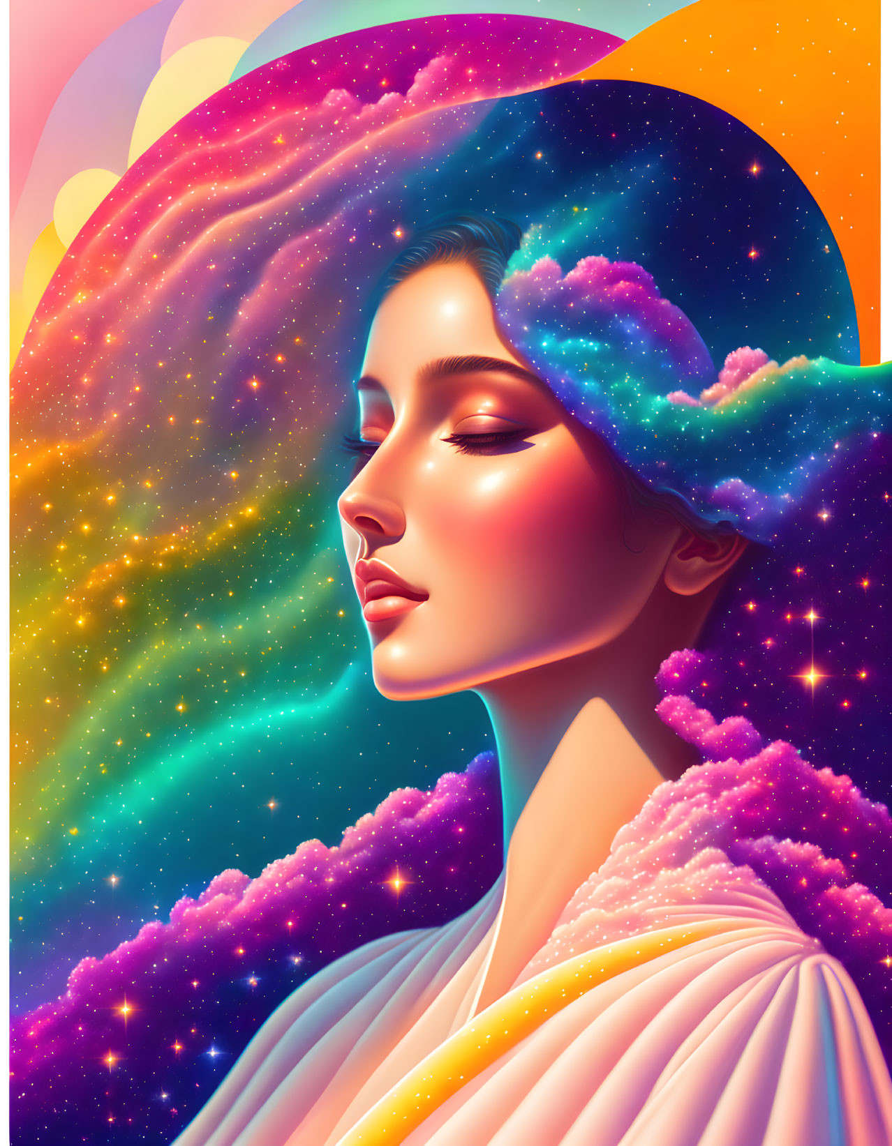 Colorful portrait of woman with cosmic hair in starry sky setting