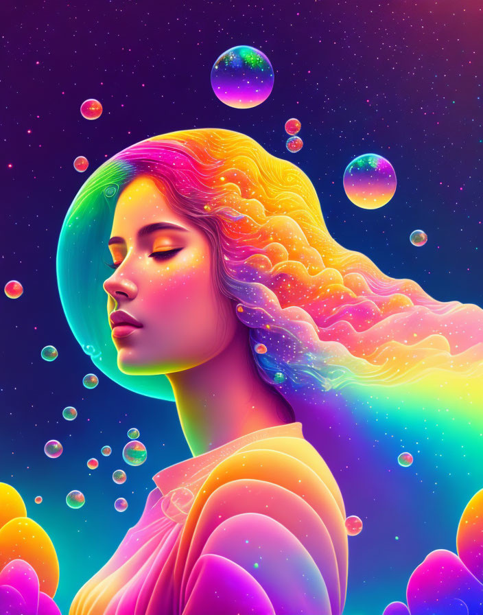 Vibrant digital artwork of woman with flowing hair in space-like setting