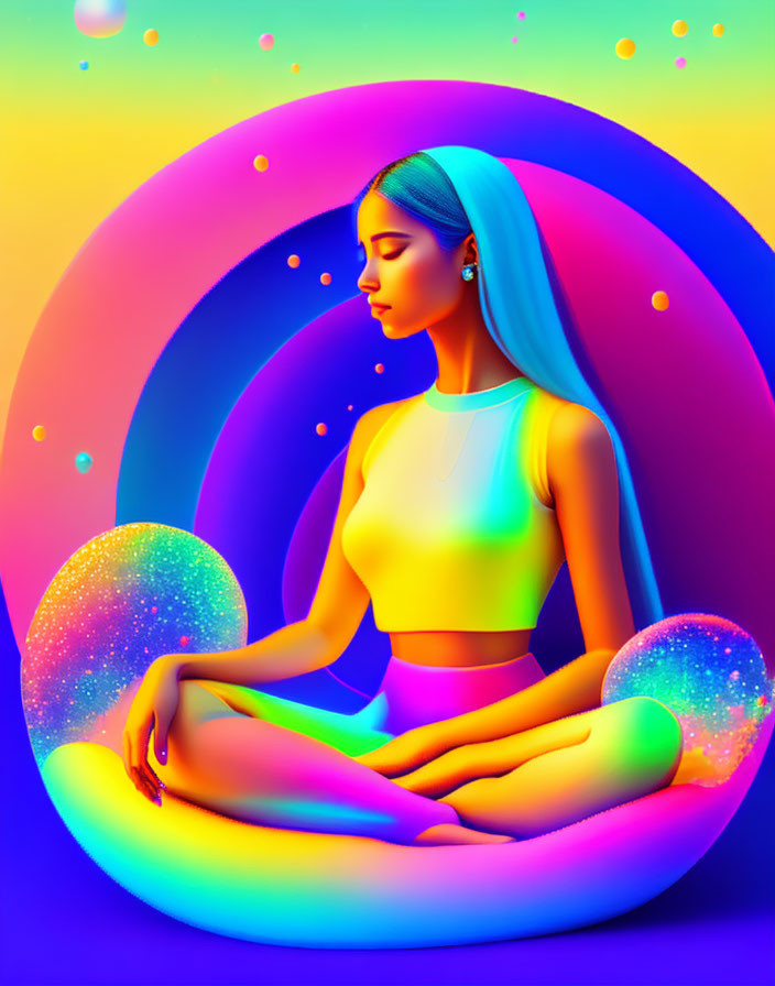 Colorful digital artwork: woman meditating in neon palette, concentric circles, floating orbs