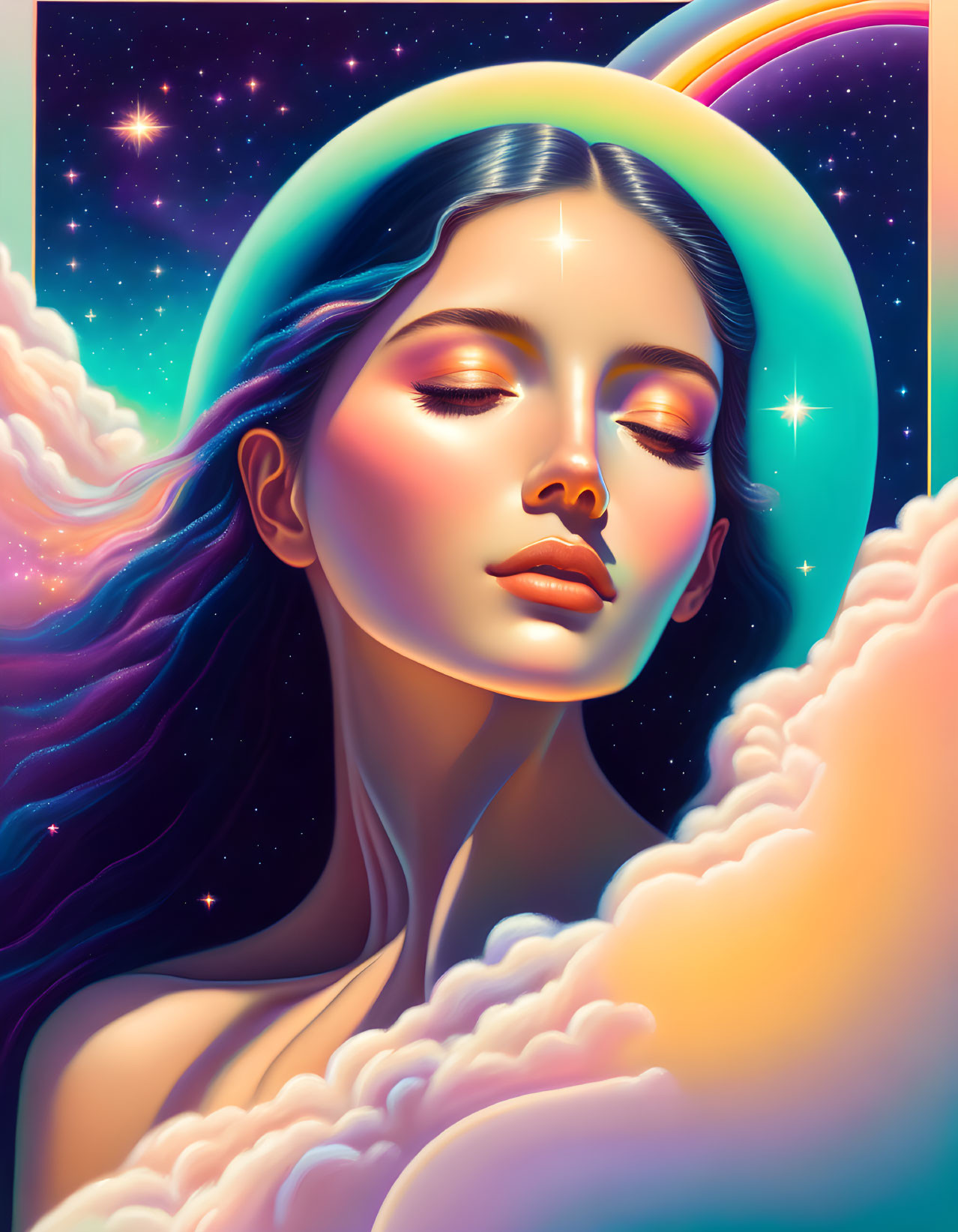 Cosmic portrait of serene woman with radiant stars and colorful clouds