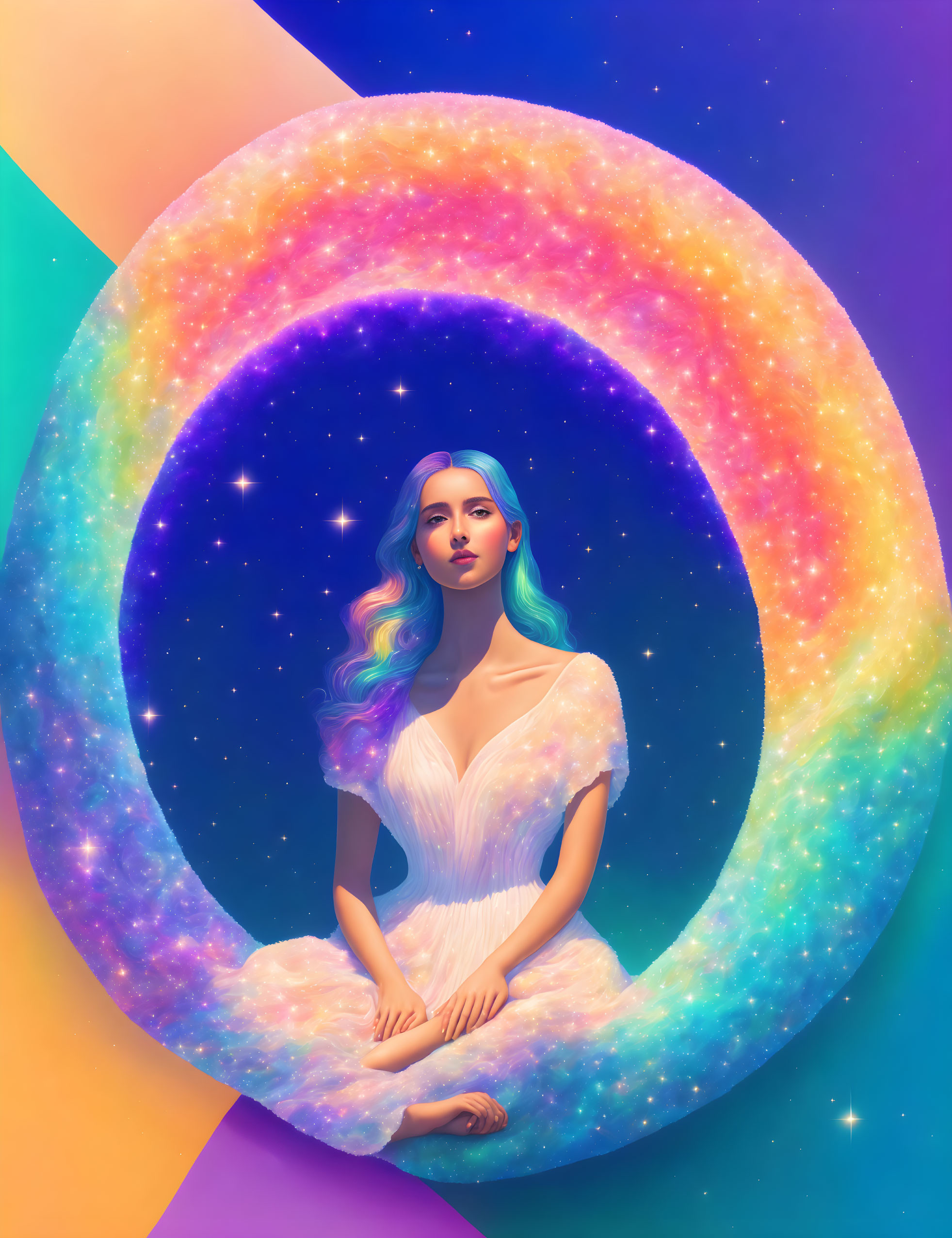 Blue-haired woman in front of cosmic rainbow ring on gradient background