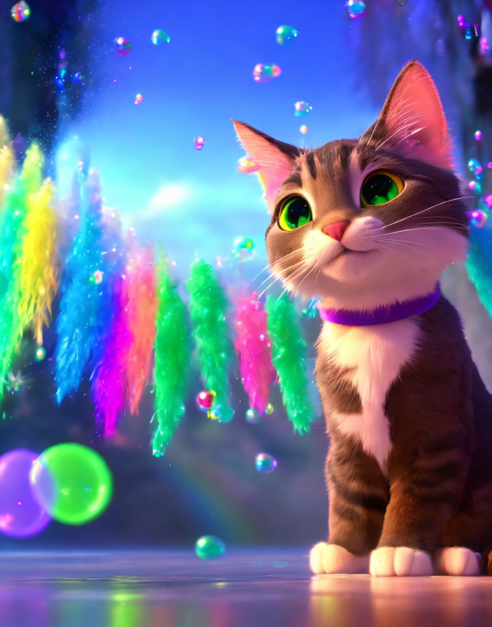 Whimsical grey and white cat with northern lights backdrop and floating bubbles