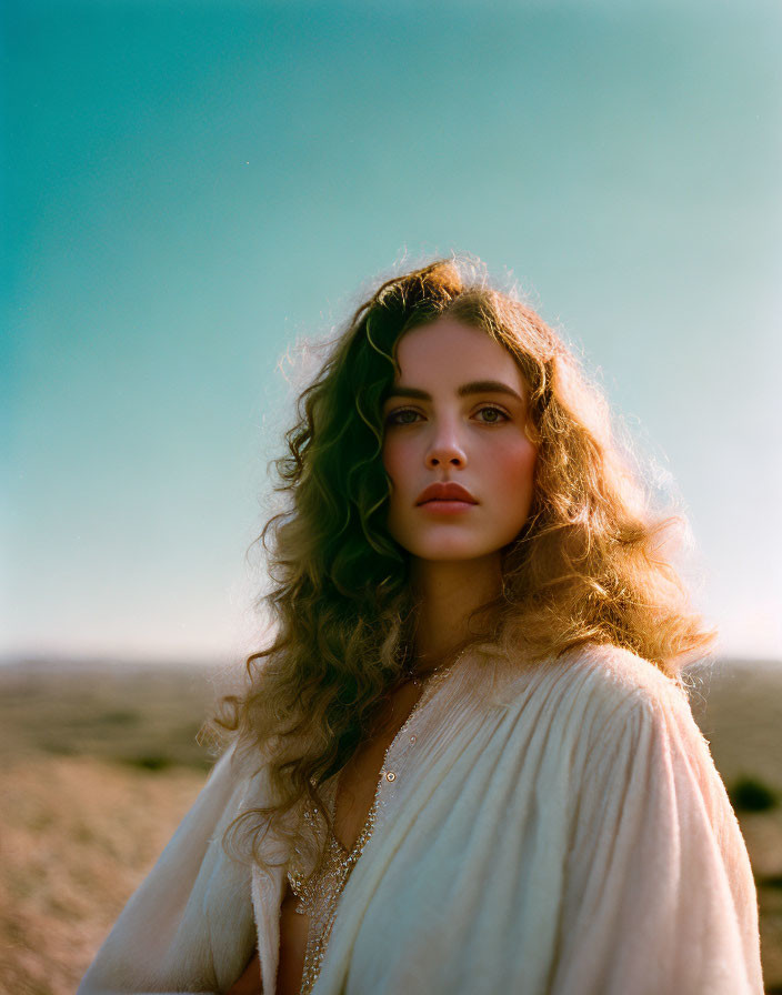 Curly-haired woman in bohemian blouse standing in field
