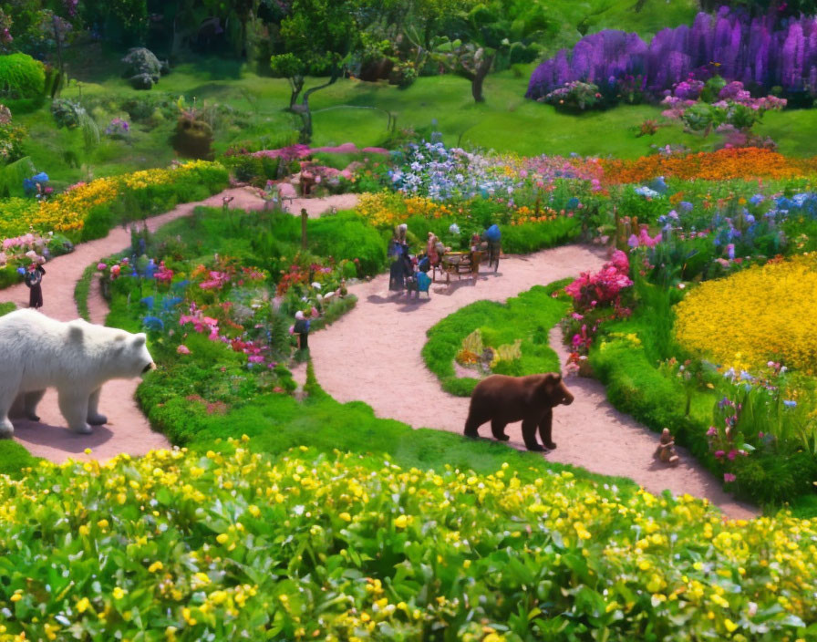 Colorful Flower Garden with Winding Paths and Realistic Bear Statues
