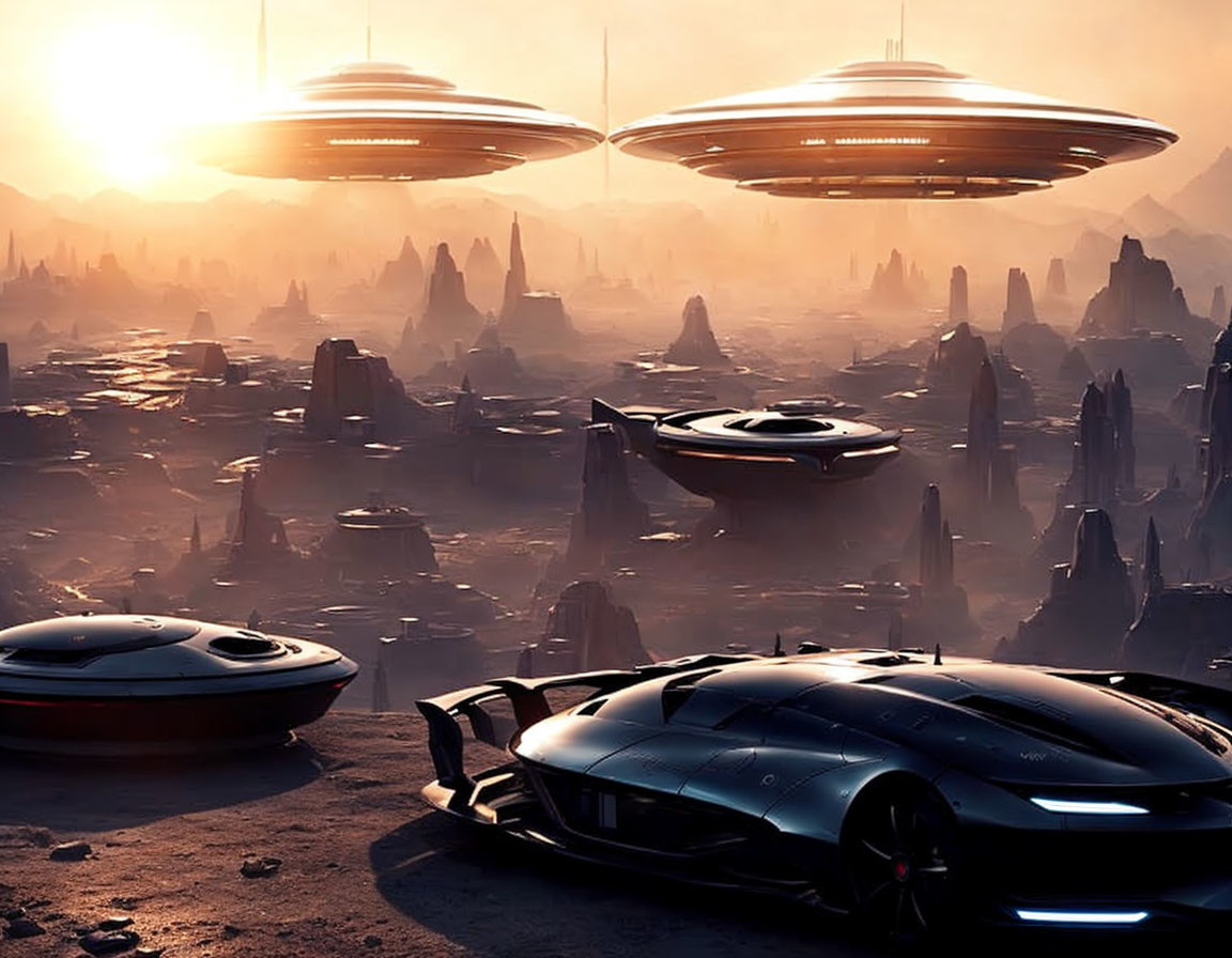 Futuristic cityscape at sunset with flying saucers and modern car on rugged terrain