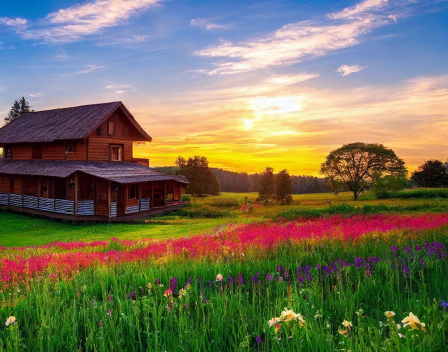 Tranquil sunrise over wooden cabin in colorful flower meadow