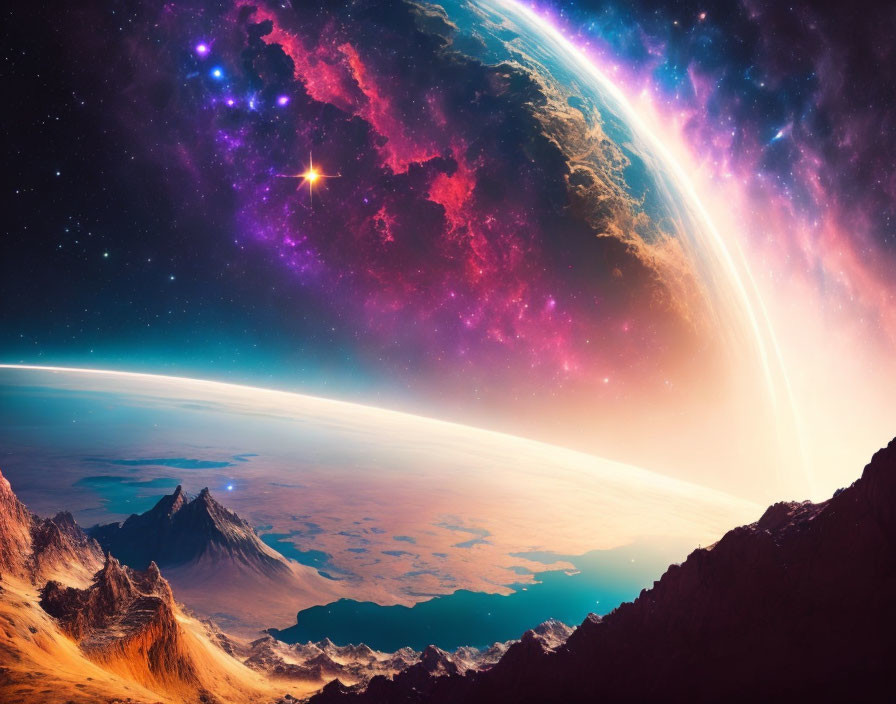 Colorful cosmic scene: starry sky, nebulae, rocky surface