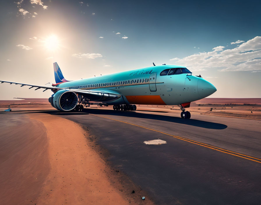 Commercial Airplane on Tarmac at Sunset with Turquoise and White Fuselage