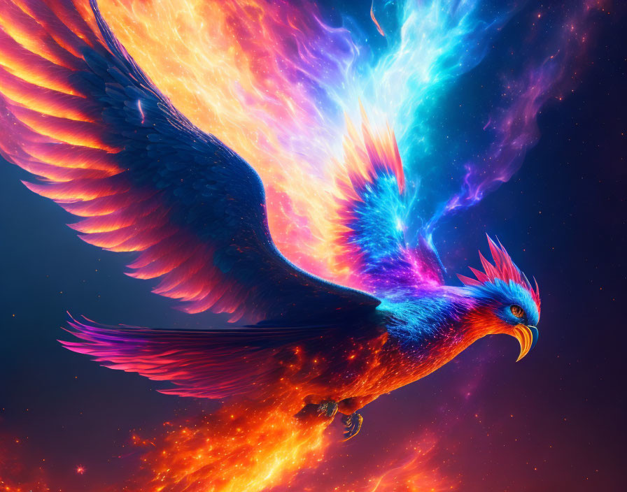 Colorful Phoenix with Fiery Wings in Cosmic Nebulae