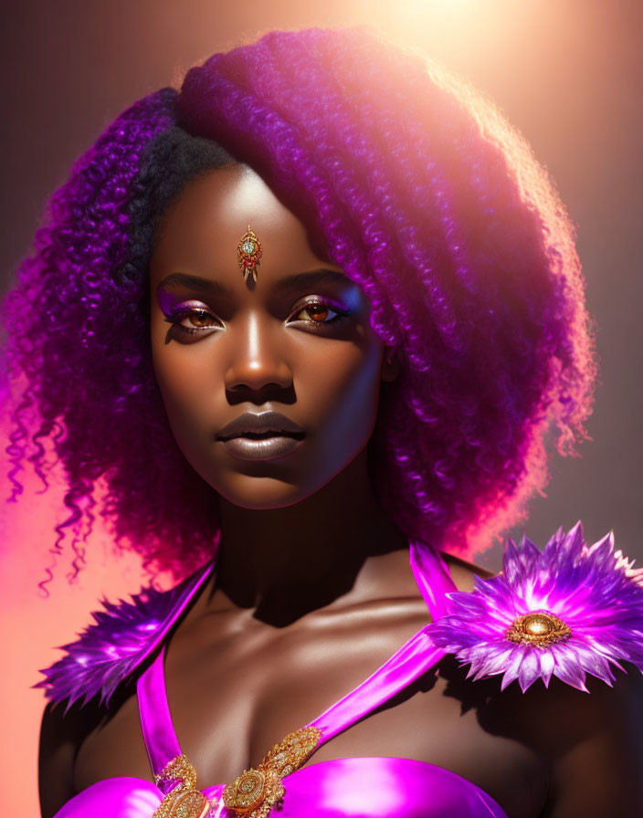 Digital artwork: Woman with purple hair, gold jewel, magenta top, holding flower on warm backdrop