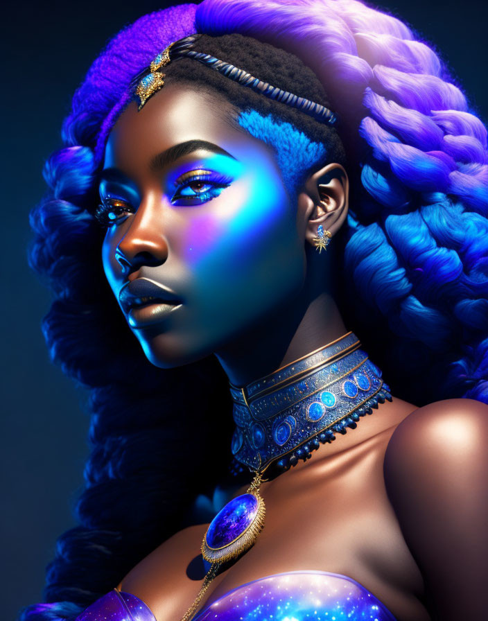 Woman with vibrant blue makeup and hair, gold jewelry, choker necklace, against dark celestial background.