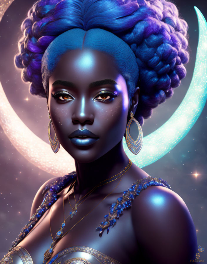 Digital artwork: Woman with blue skin, golden eyes, intricate jewelry, cosmic background.