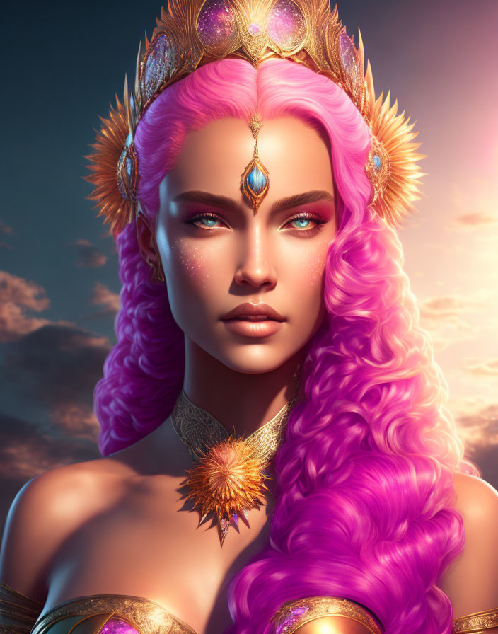 Vibrant pink hair woman with blue eyes and golden crown art