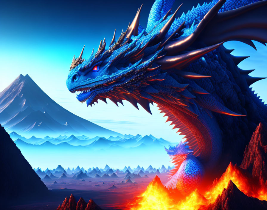 Blue dragon overlooking volcanic landscape with red eyes and lava under blue sky