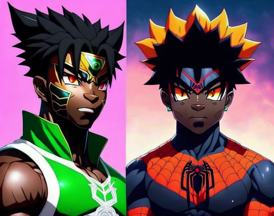 Stylized split-image of superhero characters in green and Spiderman costumes