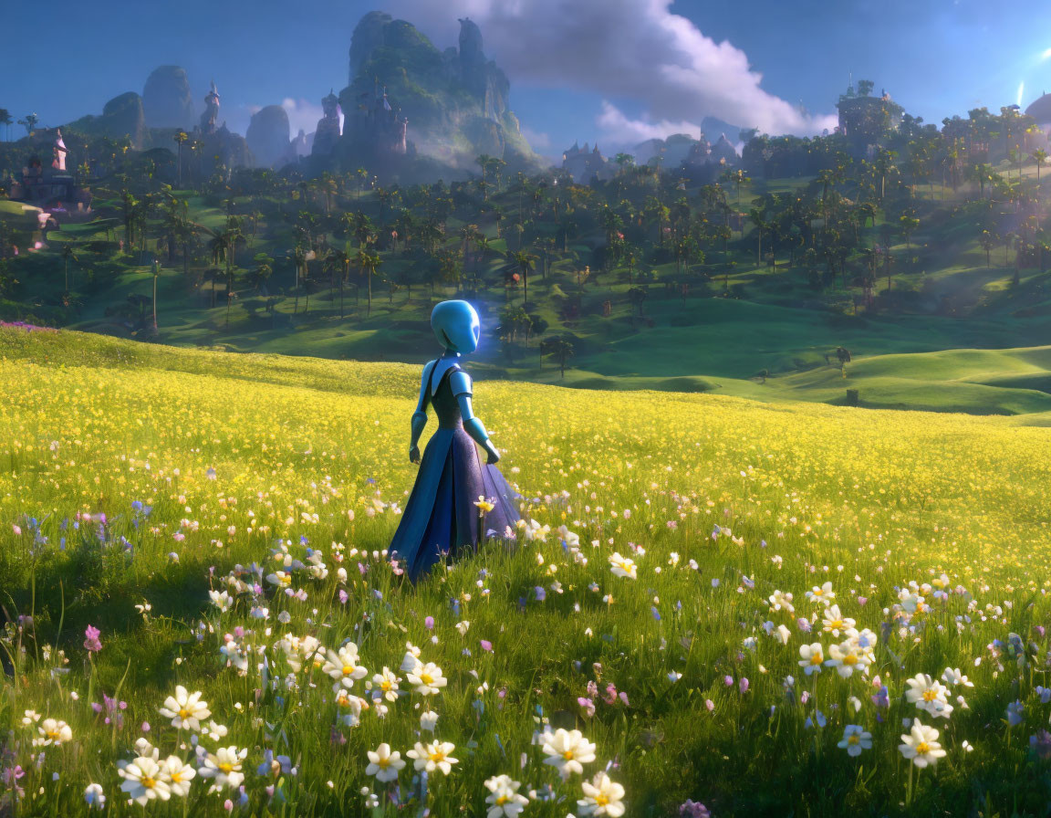 Blue-Haired Animated Character in Meadow with Mountains