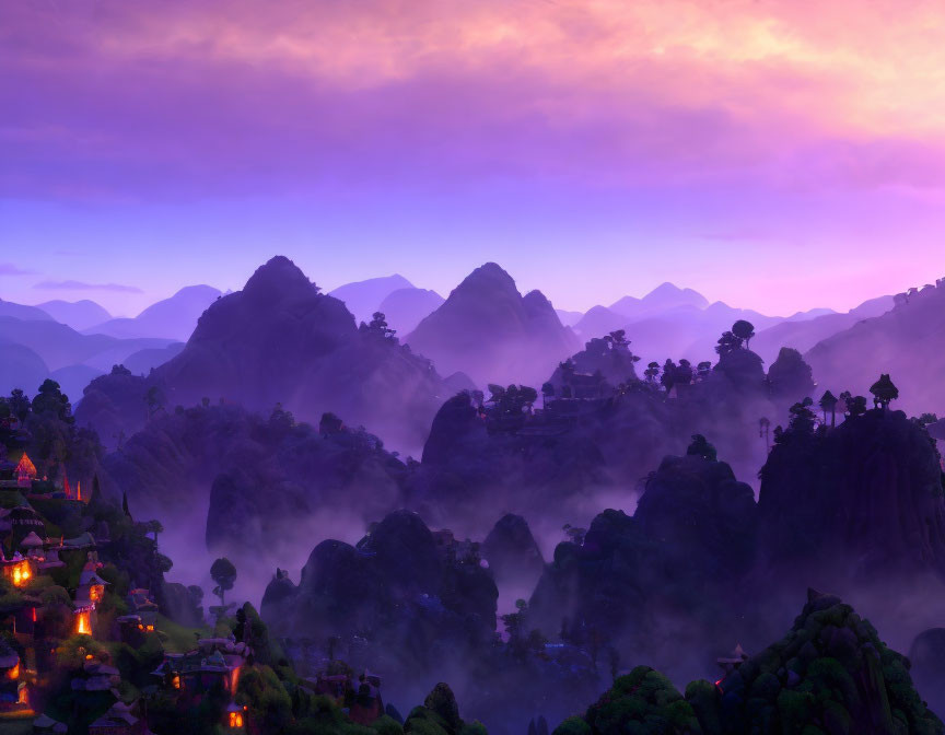 Misty mountains in purple twilight with glowing lights