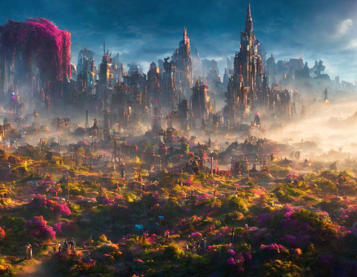 Mystical cityscape with towering spires and glowing lights at sunset
