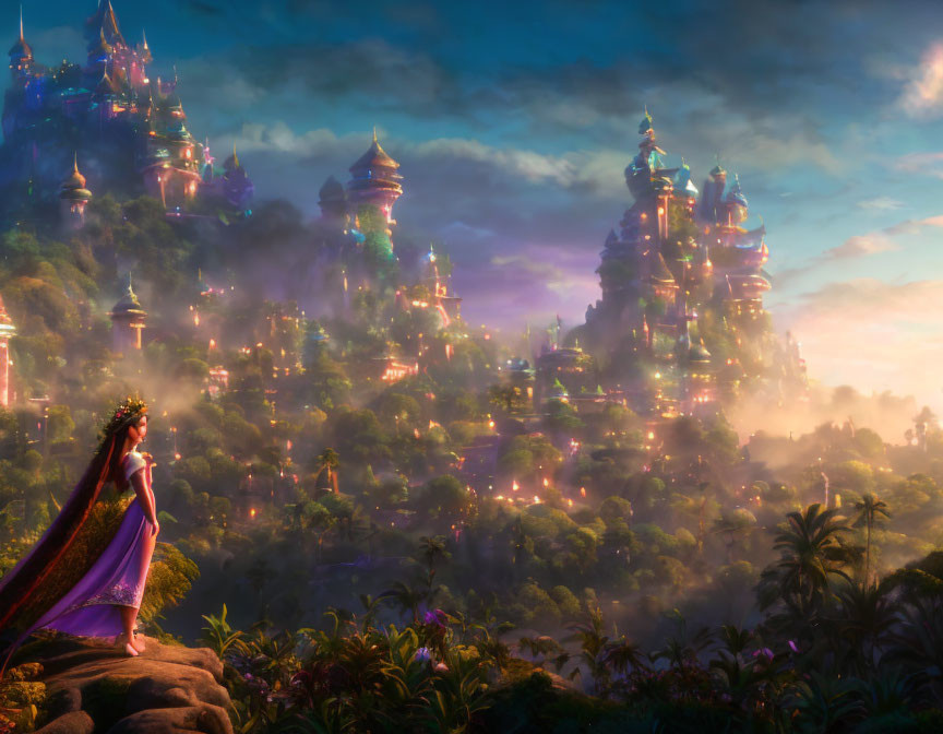 Woman in royal attire overlooking glowing city in mystical forest at twilight