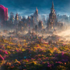 Woman in royal attire overlooking glowing city in mystical forest at twilight