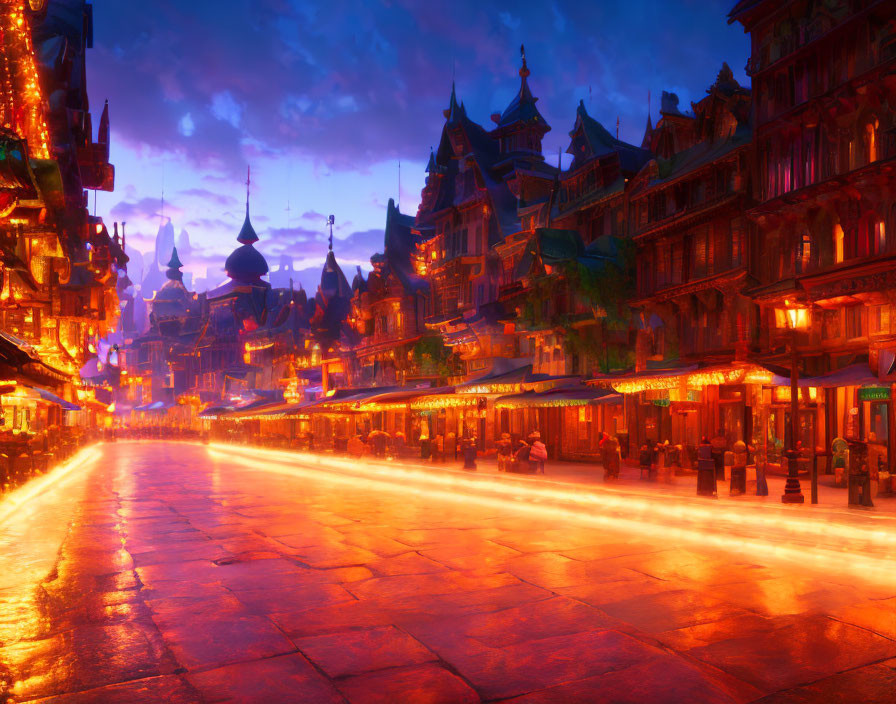 Colorful Twilight Cityscape with Illuminated Streets and Transitioning Sky
