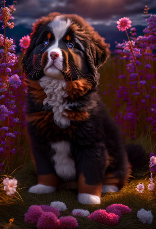 Fluffy Bernese Mountain Dog Puppy in Colorful Flower Field at Dusk