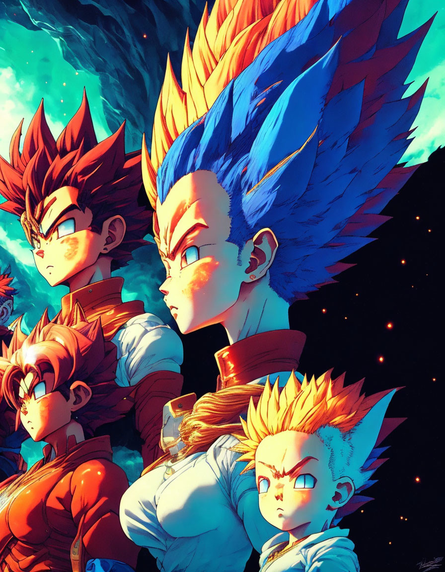 Three Spiky-Haired Animated Characters in Red and Blue Armor Against Cosmic Background