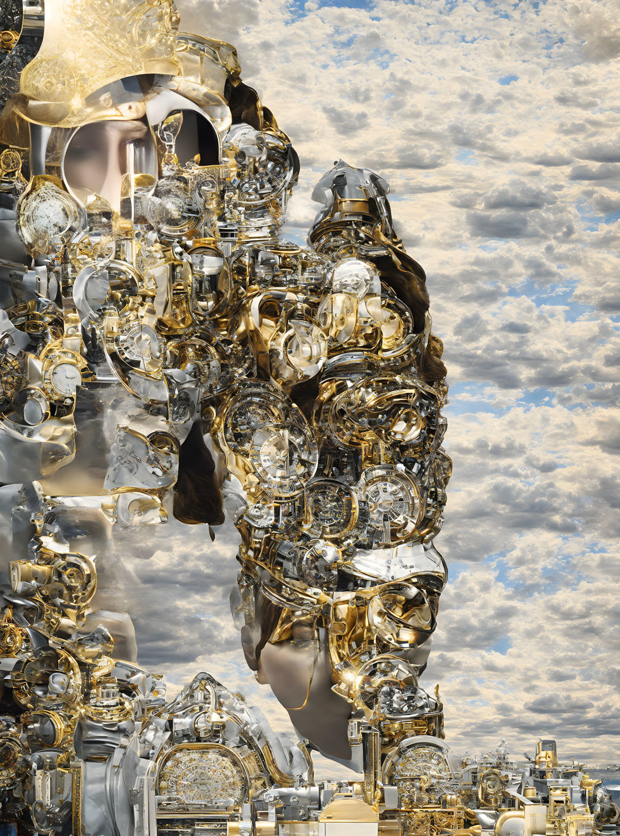 Abstract Metallic Figure Against Cloudy Sky: Surreal Visual Effect