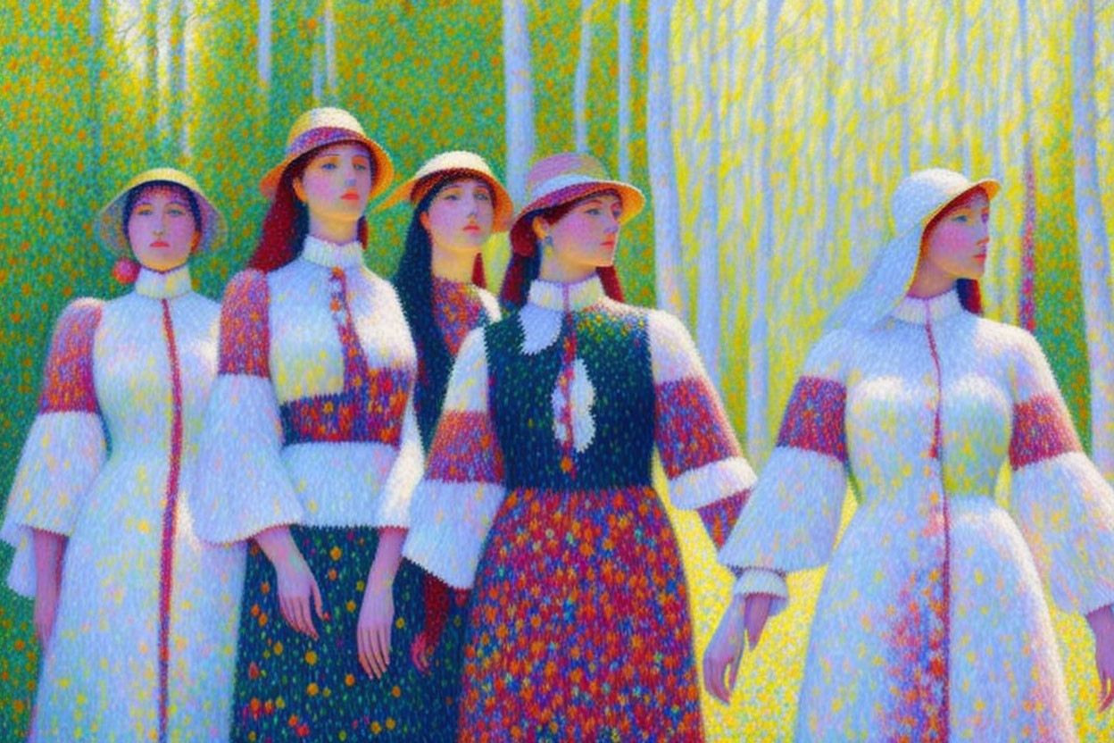 Four Women in Vintage Clothing in Pointillist-Style Forest Setting