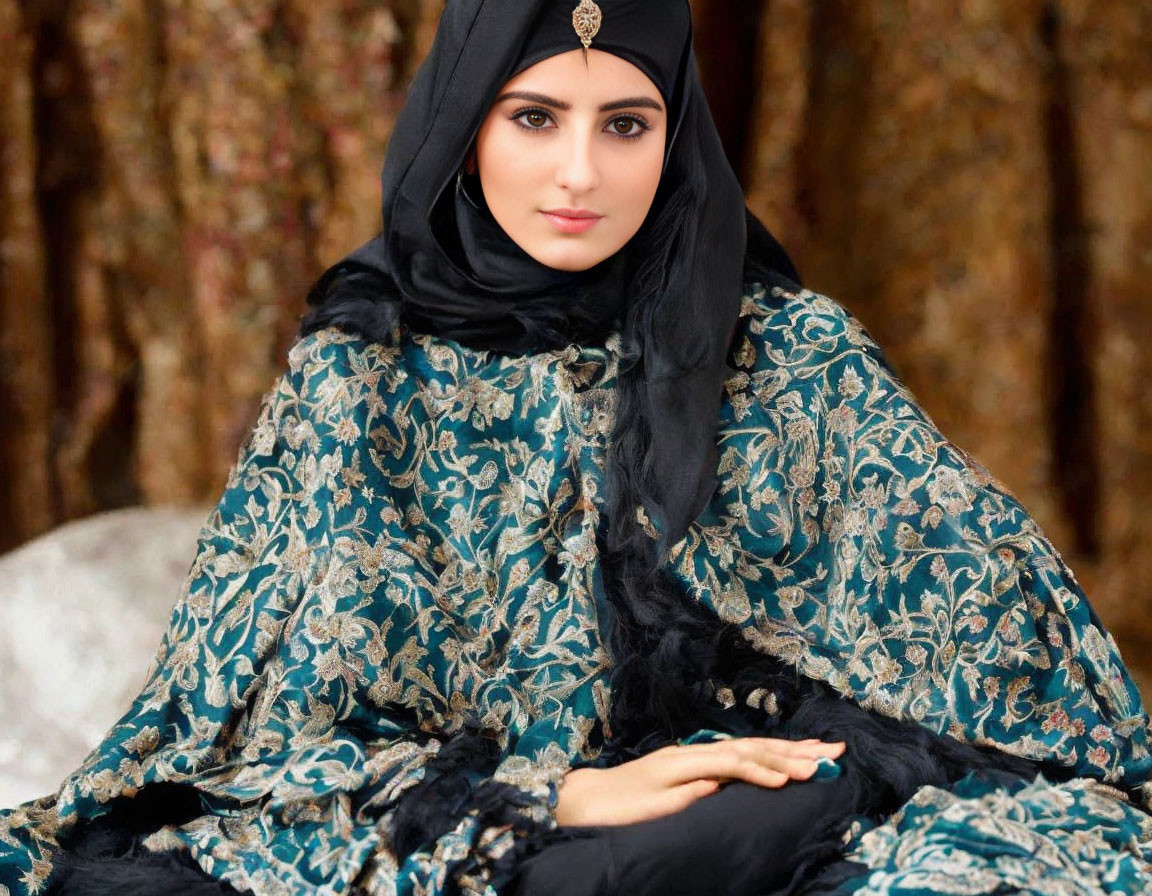 Elegant teal and black patterned abaya with matching hijab against tapestry backdrop