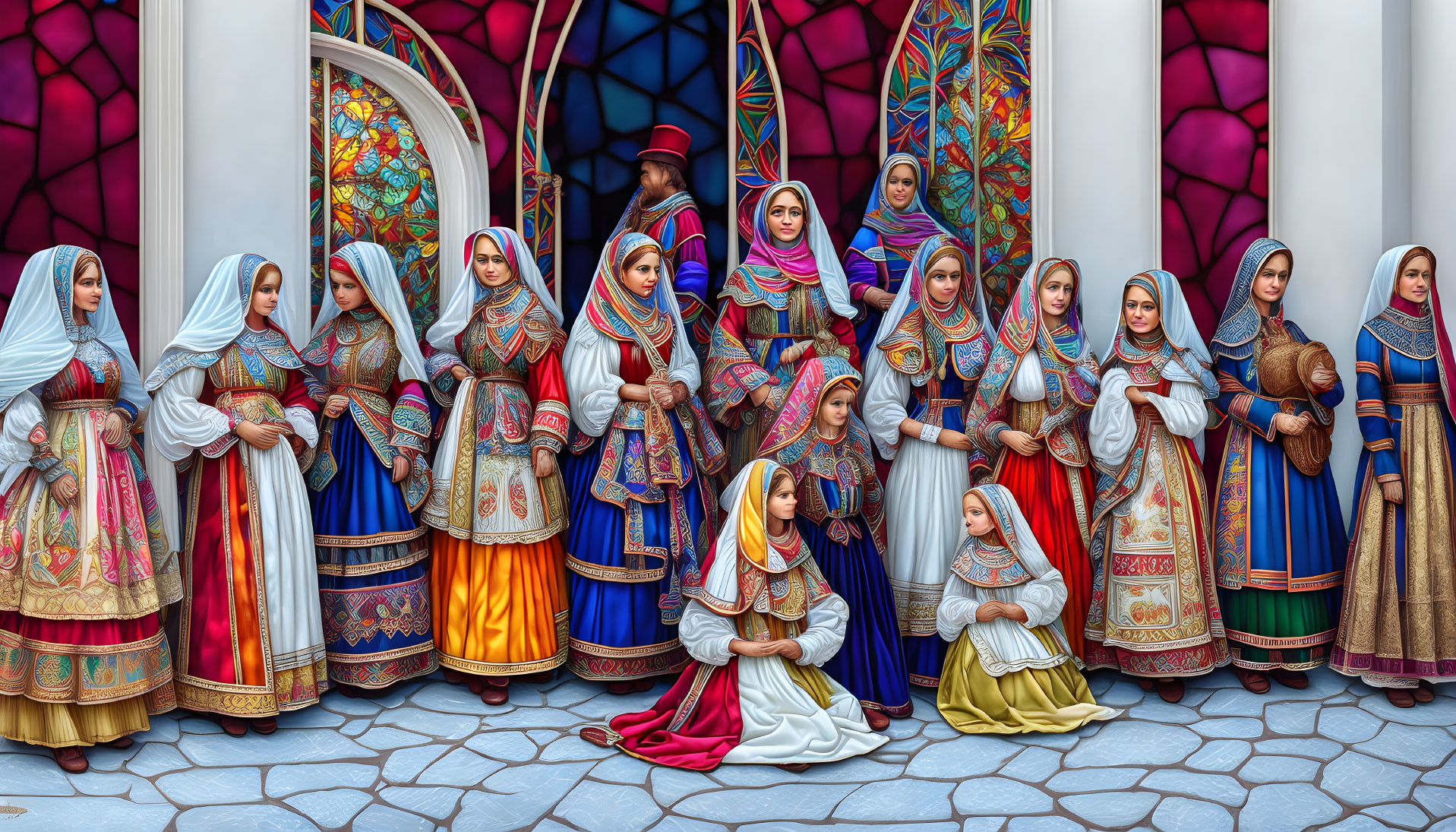 Traditional Eastern European figures in colorful attire against stained glass backdrop