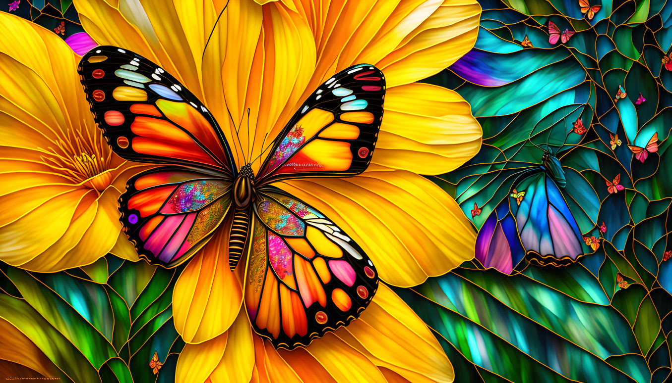 Butterfly on Flower, Stained Glass Style