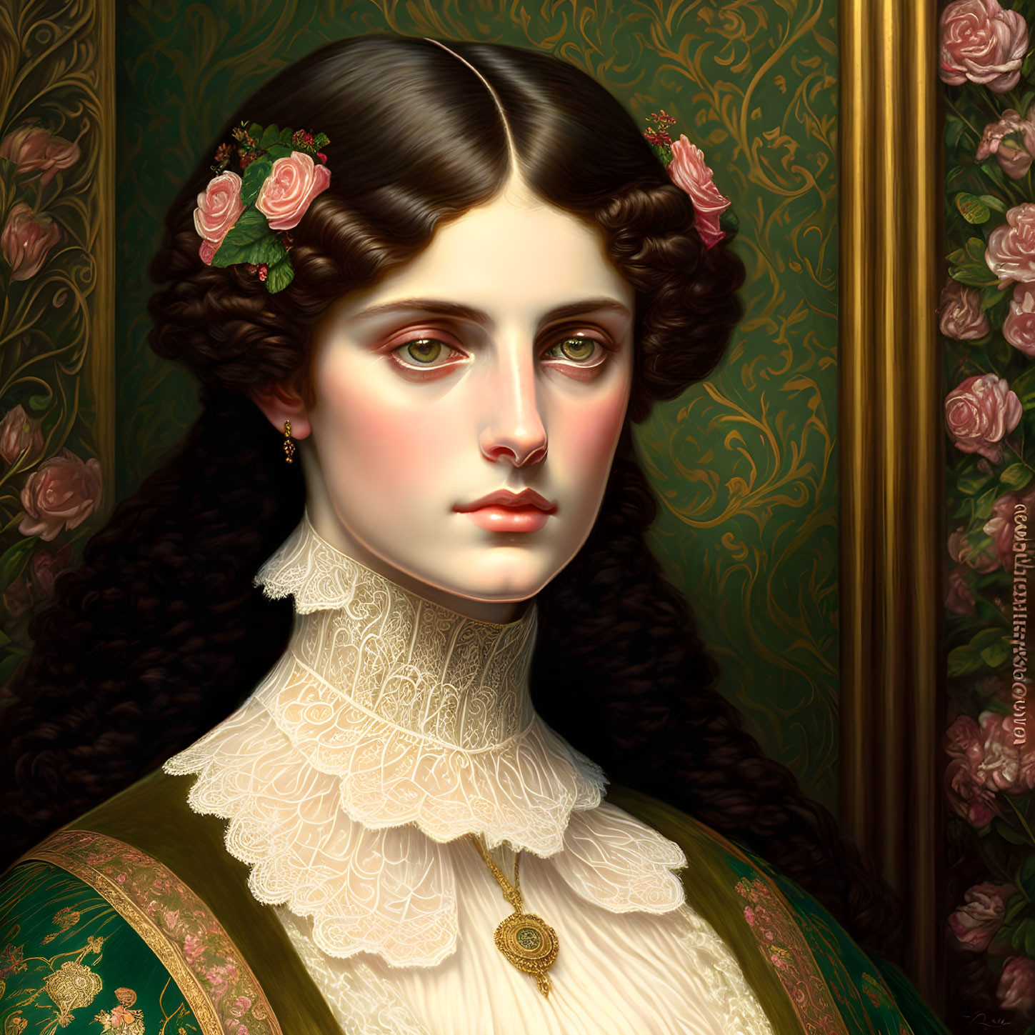 Victorian-era woman digital artwork with lace collar and floral background