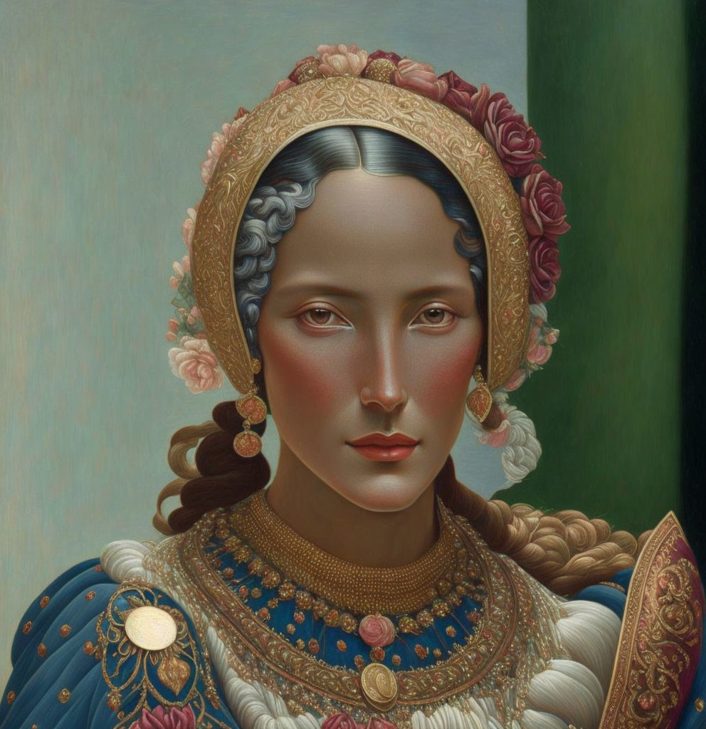 Detailed painting of a woman with gold headdress, pink roses, blue attire, and contemplative gaze