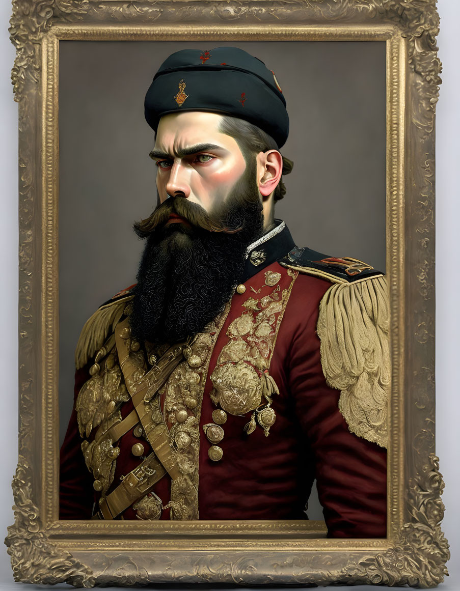 Vintage military uniform portrait of bearded man in ornate frame