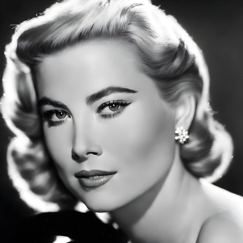 Vintage Black and White Portrait of Woman with Elegant Wavy Hair and Sparkling Earring