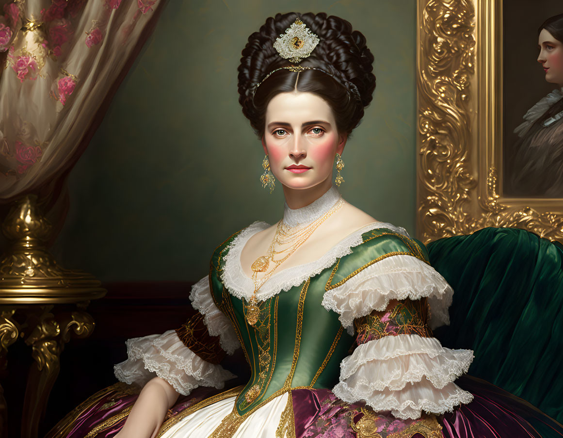 Historical portrait of woman in jeweled tiara and green dress