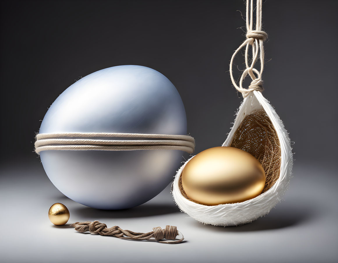 Blue and White Egg Bound with Rope Next to Cut Open Golden Egg