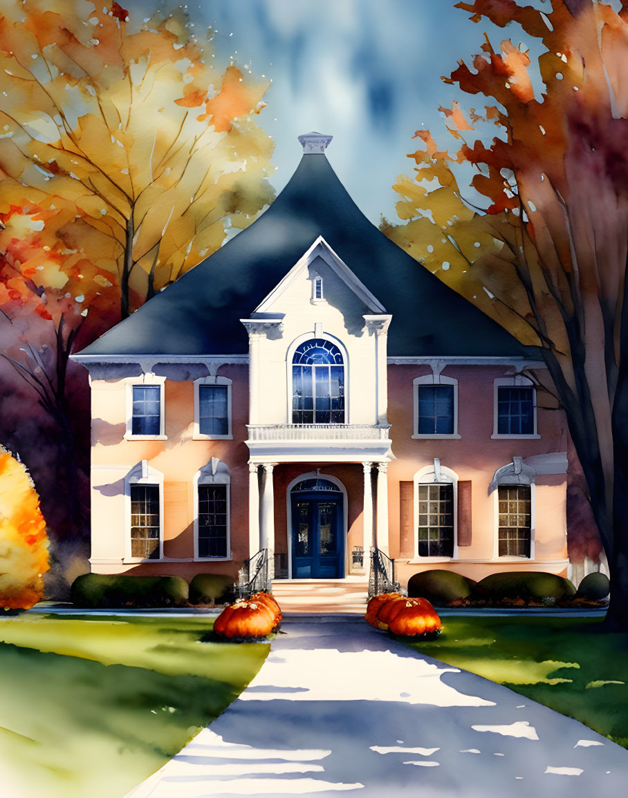 Watercolor painting of two-story house with autumn trees and pumpkins