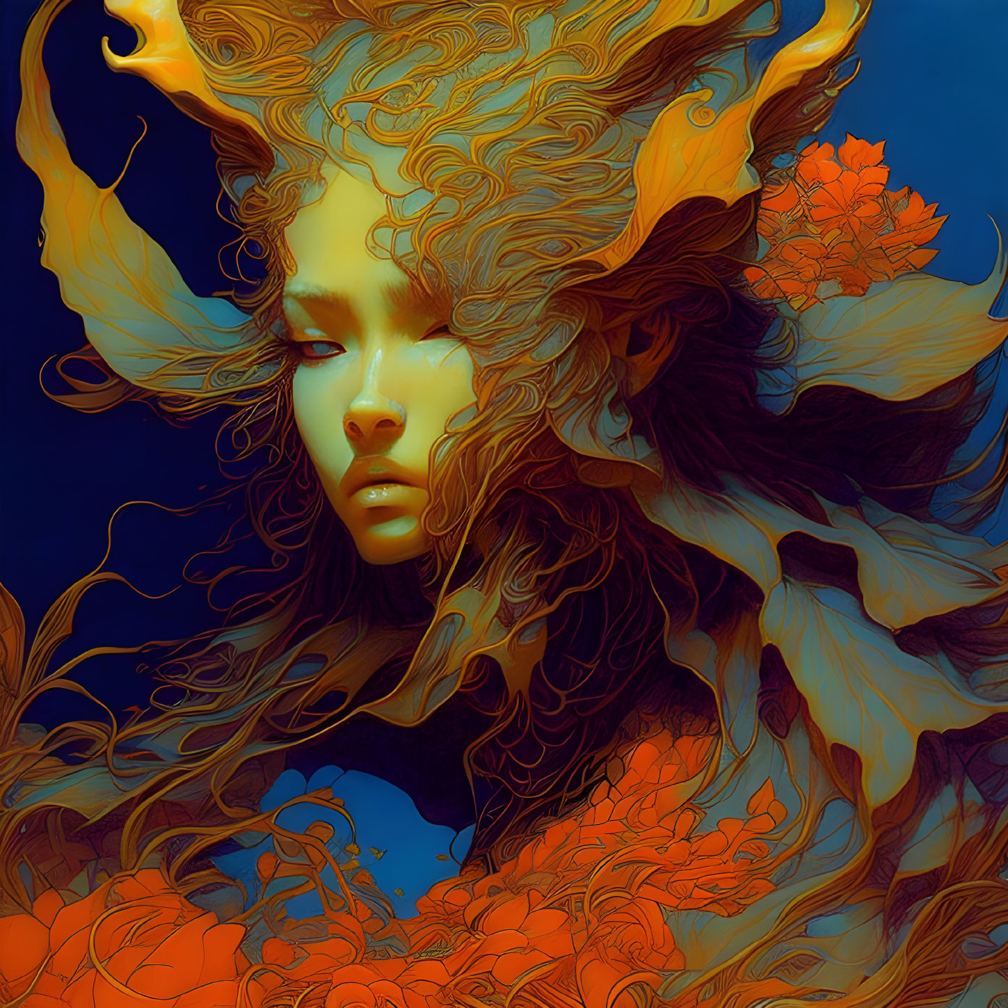 Fantasy illustration: Woman with golden hair and orange flowers on blue background