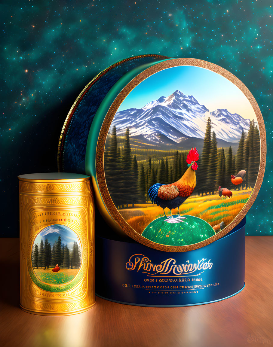 Decorative tin with rooster on mountain landscape packaging designs and text.