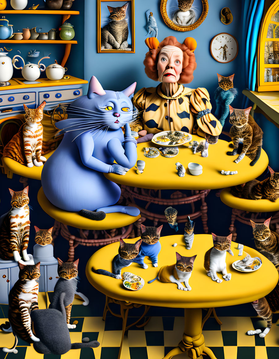 Person in ruffled outfit surrounded by cats at yellow tables in blue room